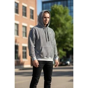 Empyre Unisex Checkered Pullover Hoodie Black Grey XL Embroidery streetwear rose